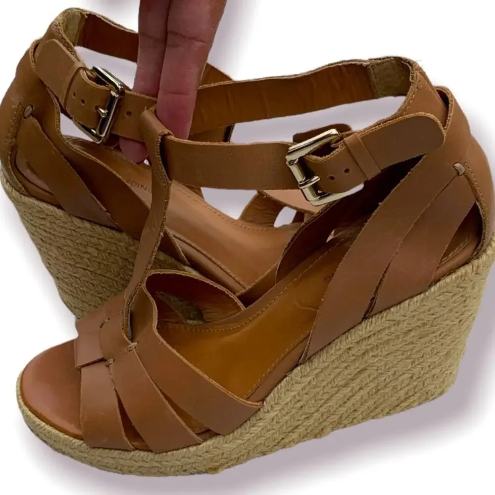 Madison Harding Espadrille Brown Leather Wedges Size 6